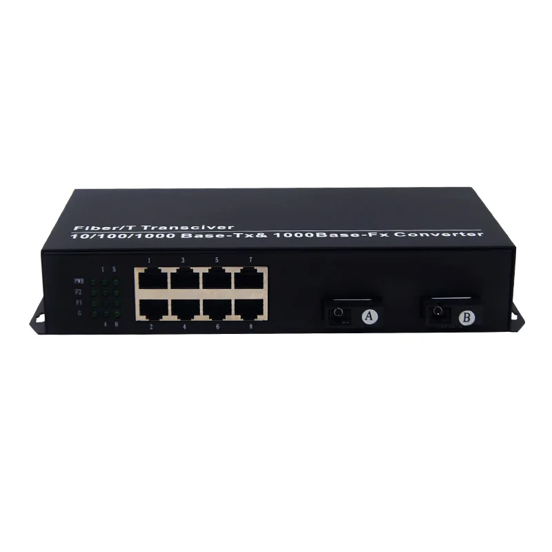 Full Gigabit 2 SC 8 RJ45 Ethernet Daisy Chain Self-Healing Ring Media Converter