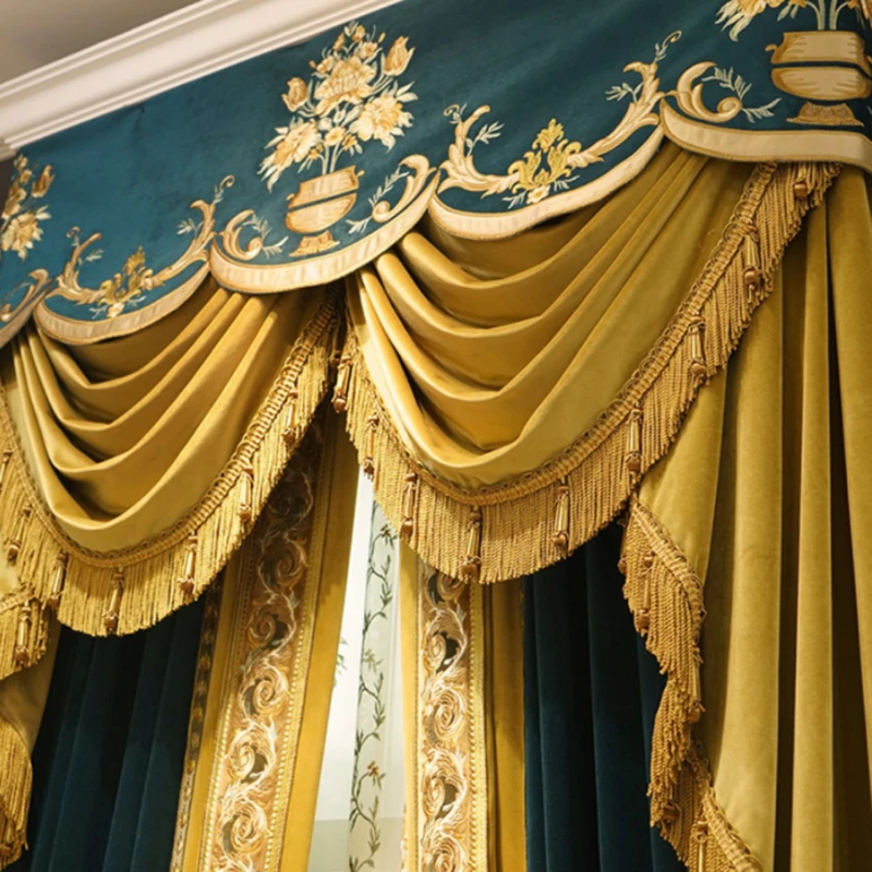 Classic French Imperial Designed Baroque Antique Gold and Green Embroidery Curtain with Sheer and Valance