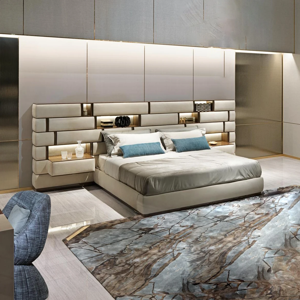 Hotel bedroom furniture set italian leather king size bed classic modern couple luxury beds