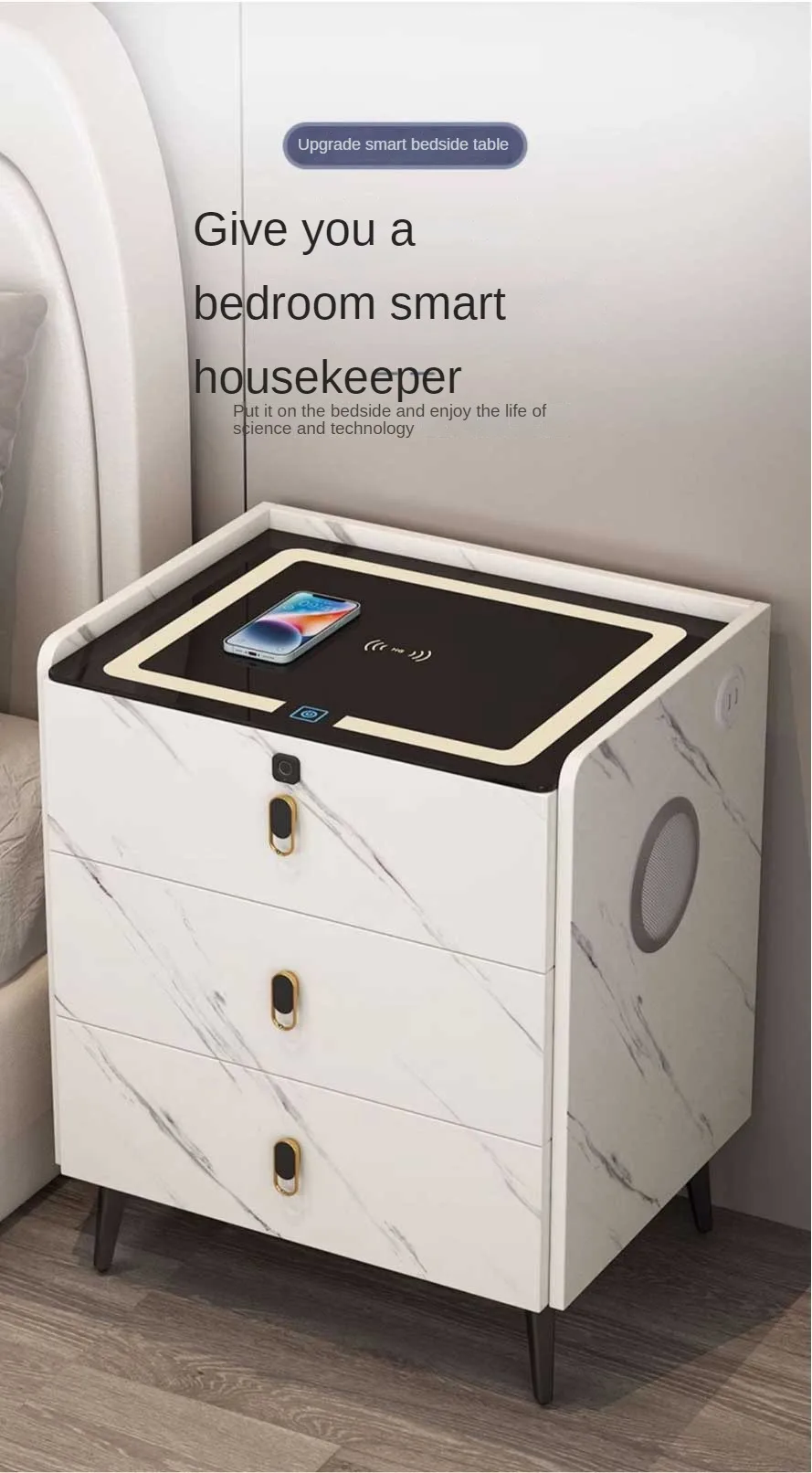 China factory wholesale Smart Bedside Table With Charging Stations 3 Drawers Nightstands Wireless Charger LED Light Cabinet