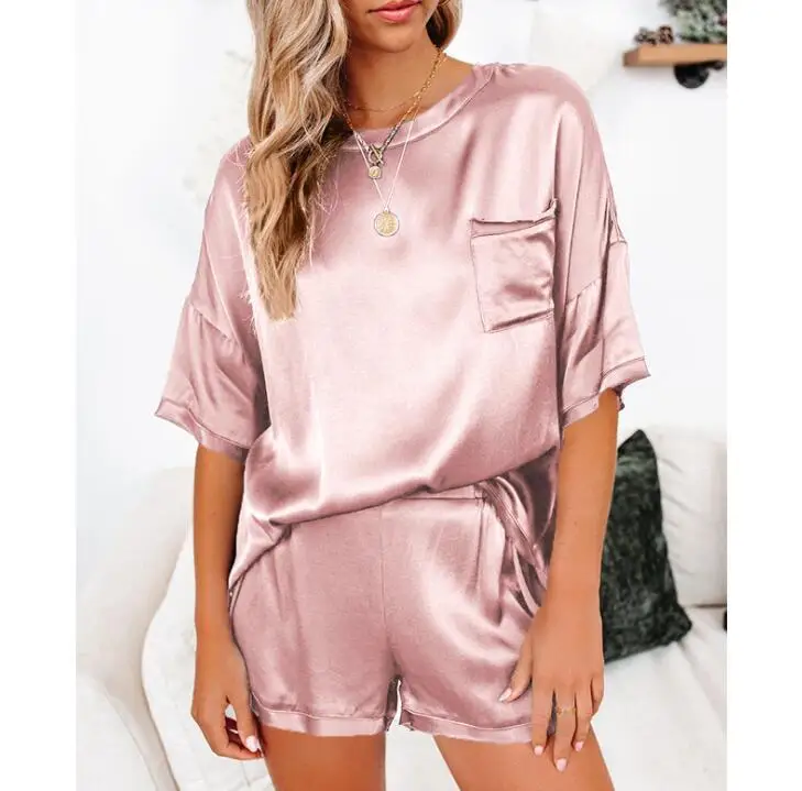 2021 Hot Selling Silk Satin Pajamas Set Casual Homewear Short Set for Women Lounge Wear Pajamas