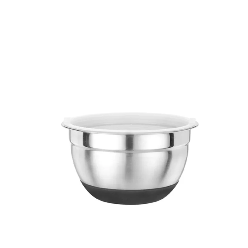 Non-skid stainless steel mixing salad bowl with silicone bottom & lid