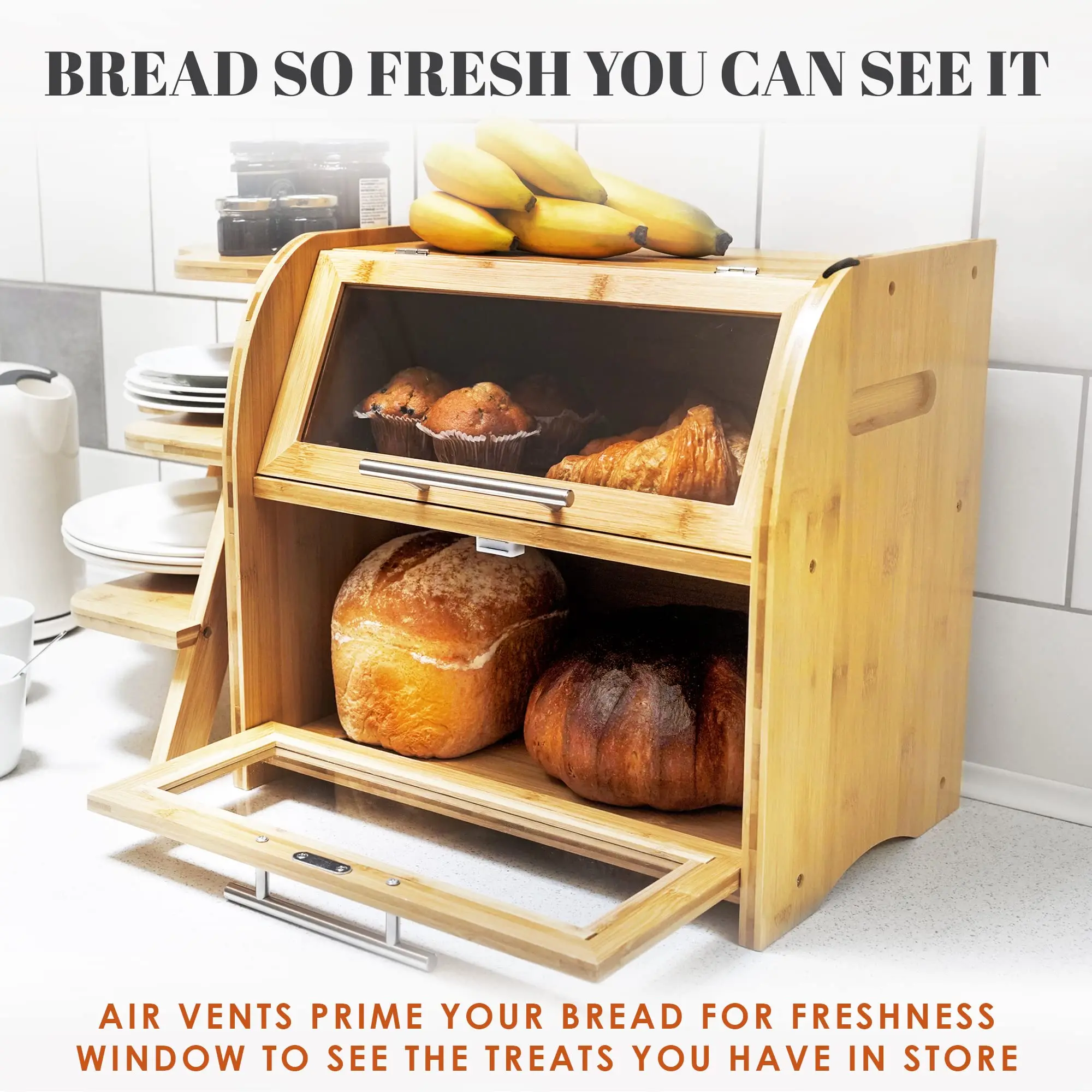 Extra Large Bamboo Bread Box Clear Windows Air Vents 2-Shelf Wooden Kitchen Countertop Storage Container Cabinet Organizer