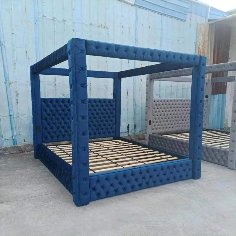 Dongguan furniture factory custom luxury California tufted Queen/King size antique baroque mosquito net canopy bed frame