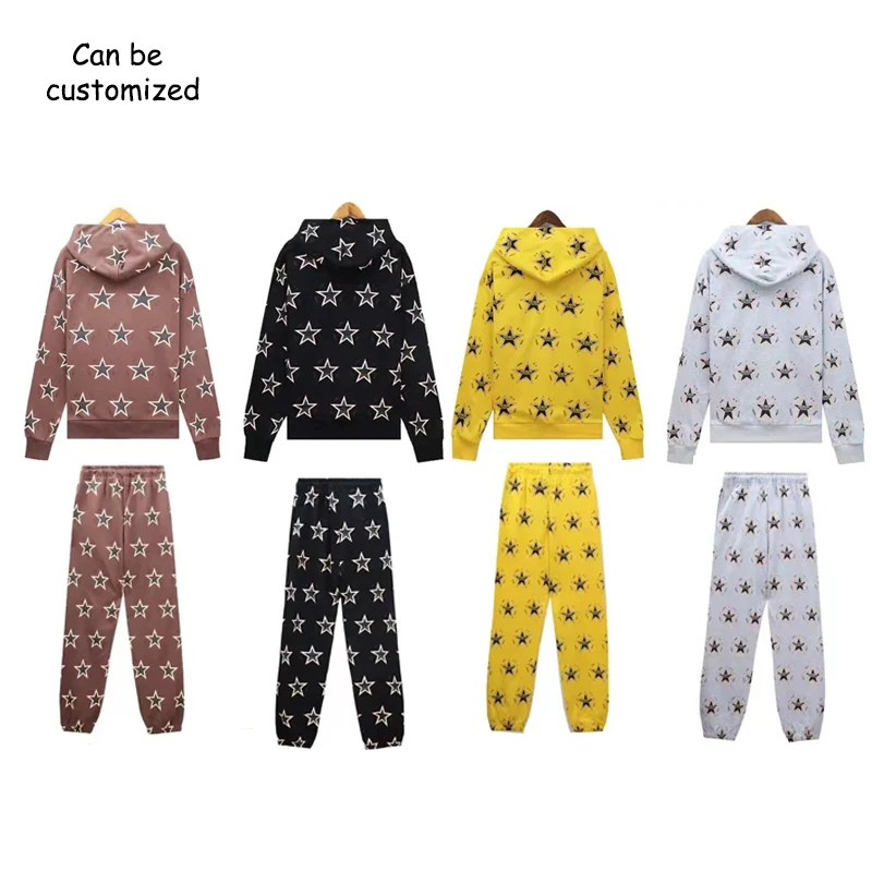 High quality denim sweatshirts tears long sleeve hooded Cotton printed hoodies and Sweatpants Overall Men pullover tops trousers