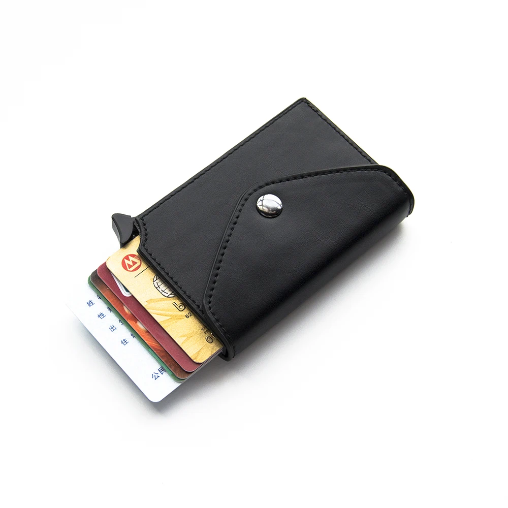 RFID Blocking Crazy Horse Leather  Button Pop Up Slim Aluminum Case Business Bank ID Credit Card Holder