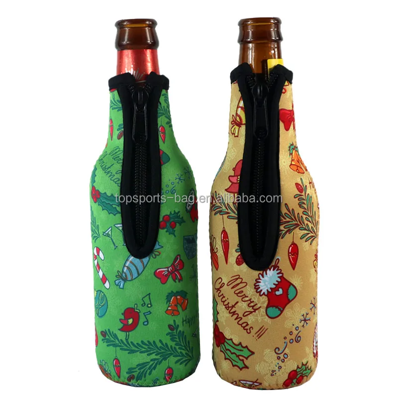 Full Sublimation Zipper Closure Neoprene Beer Bottle Holder Christmas Beer Bottle Insulator Sleeve