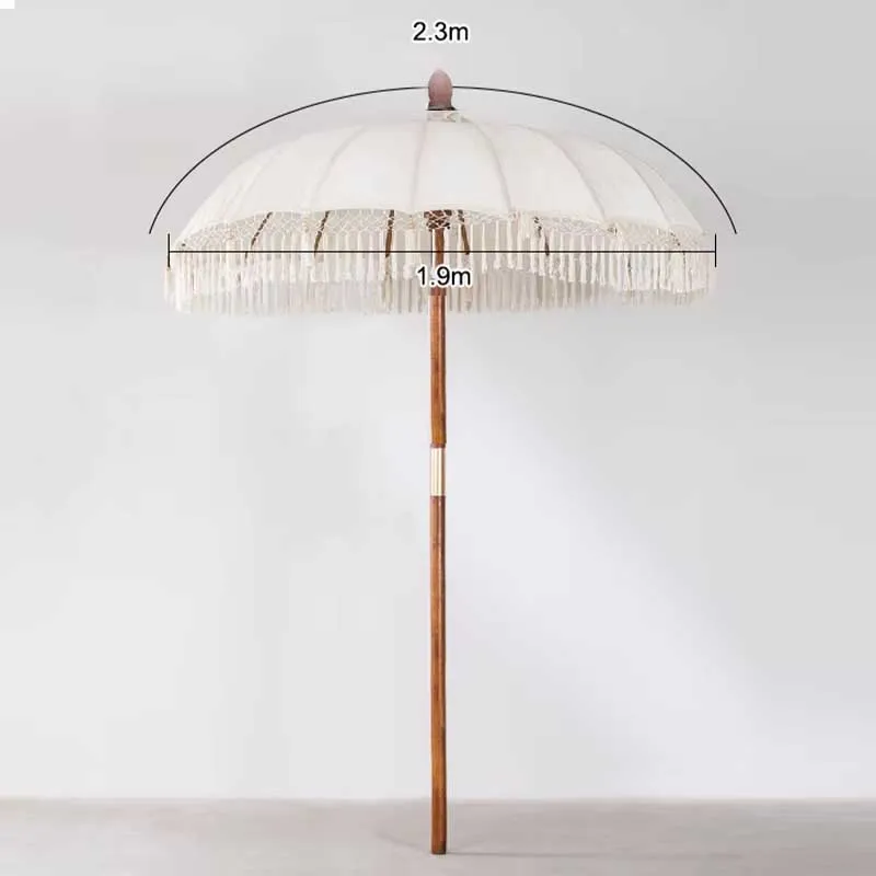 BR NEW Outdoor Wooden Pole Luxury Balinese Boho umbrella with Tassels Patio Sun Parasol for Table Garden Club Backyard Pool Shop