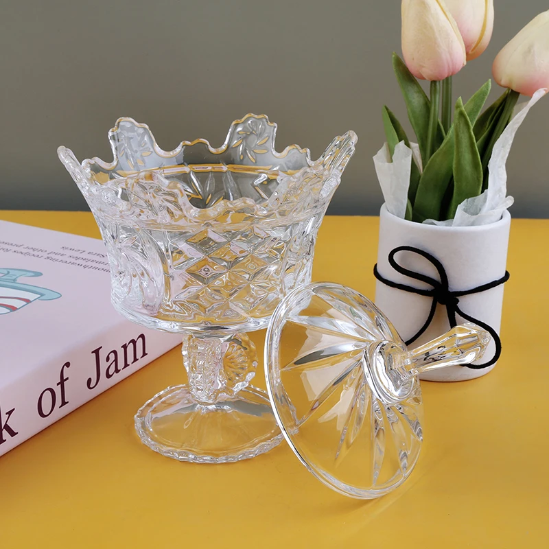 Crystal Glass Candy Dish With Lid Crown Candy Jar Decorative Candy Bowl Crystal Covered Cookie Jar for Home Office Desk