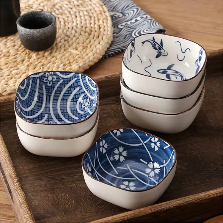 Cheap vintage blue sushi soy dipping bowls korean japanese style dinnerware sets 6 designs ceramic sauce dish for restaurant