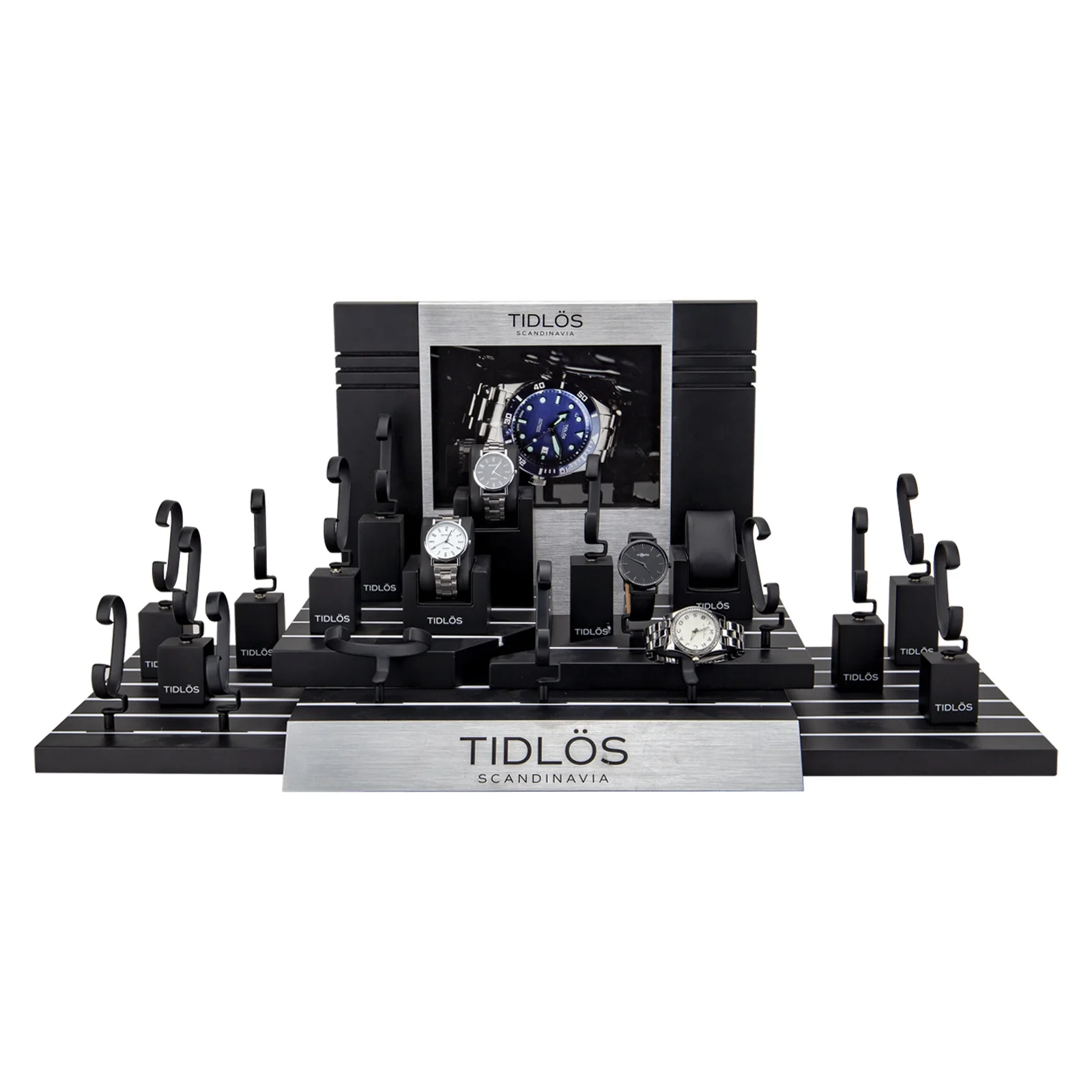 Retail Shops Wood Vertical  Wrist Watches Display Props Luxury High Quality Brushed Metal Custom Madewatch Display For Windows