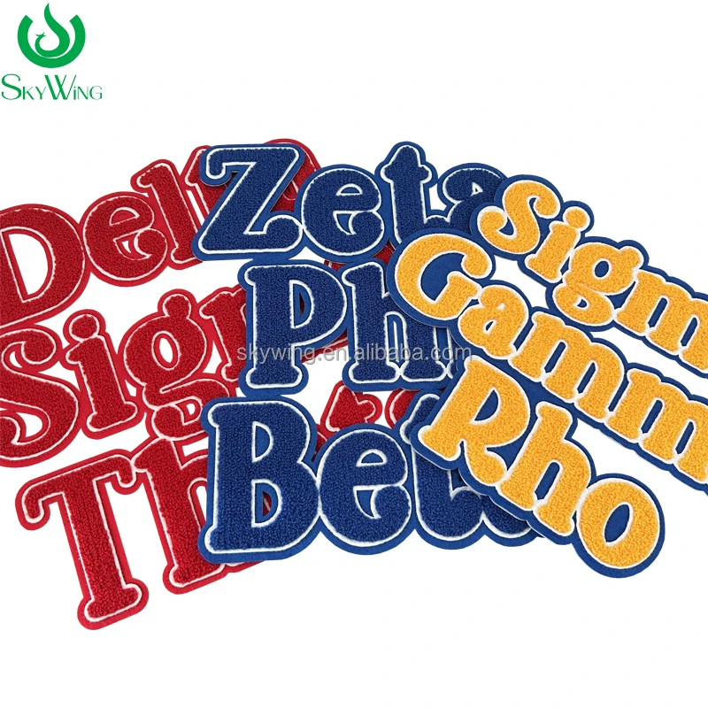 Top Selling Sorority DST Chenille Greek Letter Delta Iron on Patches Zeta Sigma Rho Logo Embroidered Applique for Clothing