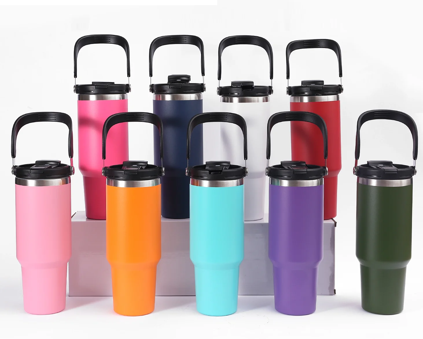 Double Wall Thermo Vacuum Insulated Flask Custom Logo 40oz Travel Coffee Mug Stainless Steel  Flip Straw Tumbler With Handle