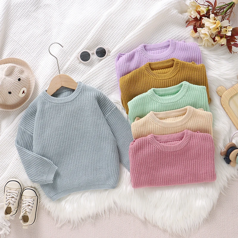 Wholesale Custom Logo Solid Color 100% Cotton Knit Crochet New Born Baby Toddler Girls Boys Sweater Pullover