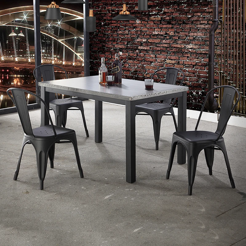 industrial black metal frame furniture stainless steel top dining table set