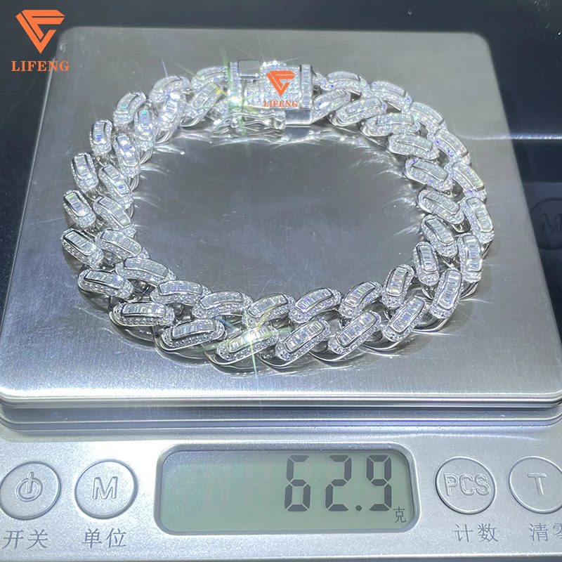 Lifeng Jewelry 14mm VVS Moissanite Baguette Cuban Link bracelet Ice out Hiphop S925 Sterling Diamond Bracelet