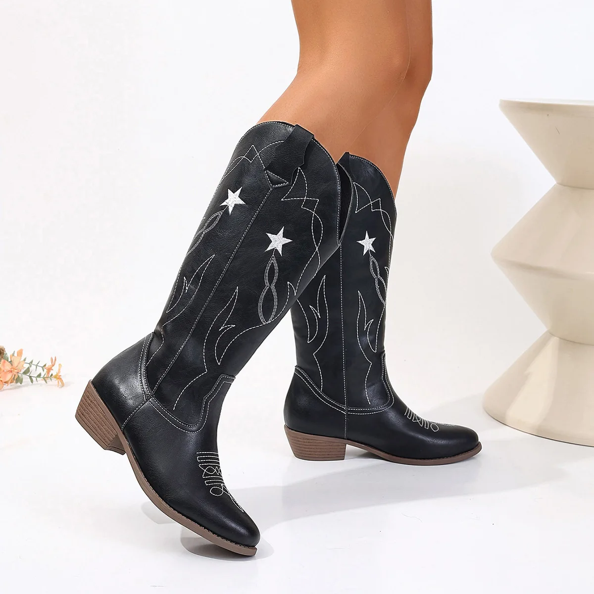 BUSY GIRL mum and me matching cowgirl boots set embroider stars black leather western outdoor riding kids cowboy boots women
