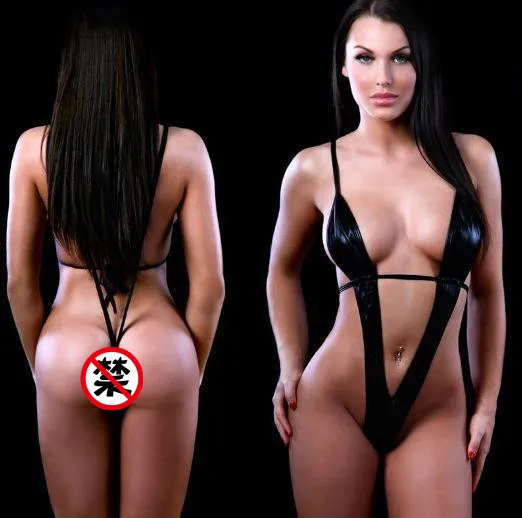 Black sexy patent leather cosplay deep V one-piece sexy lingerie