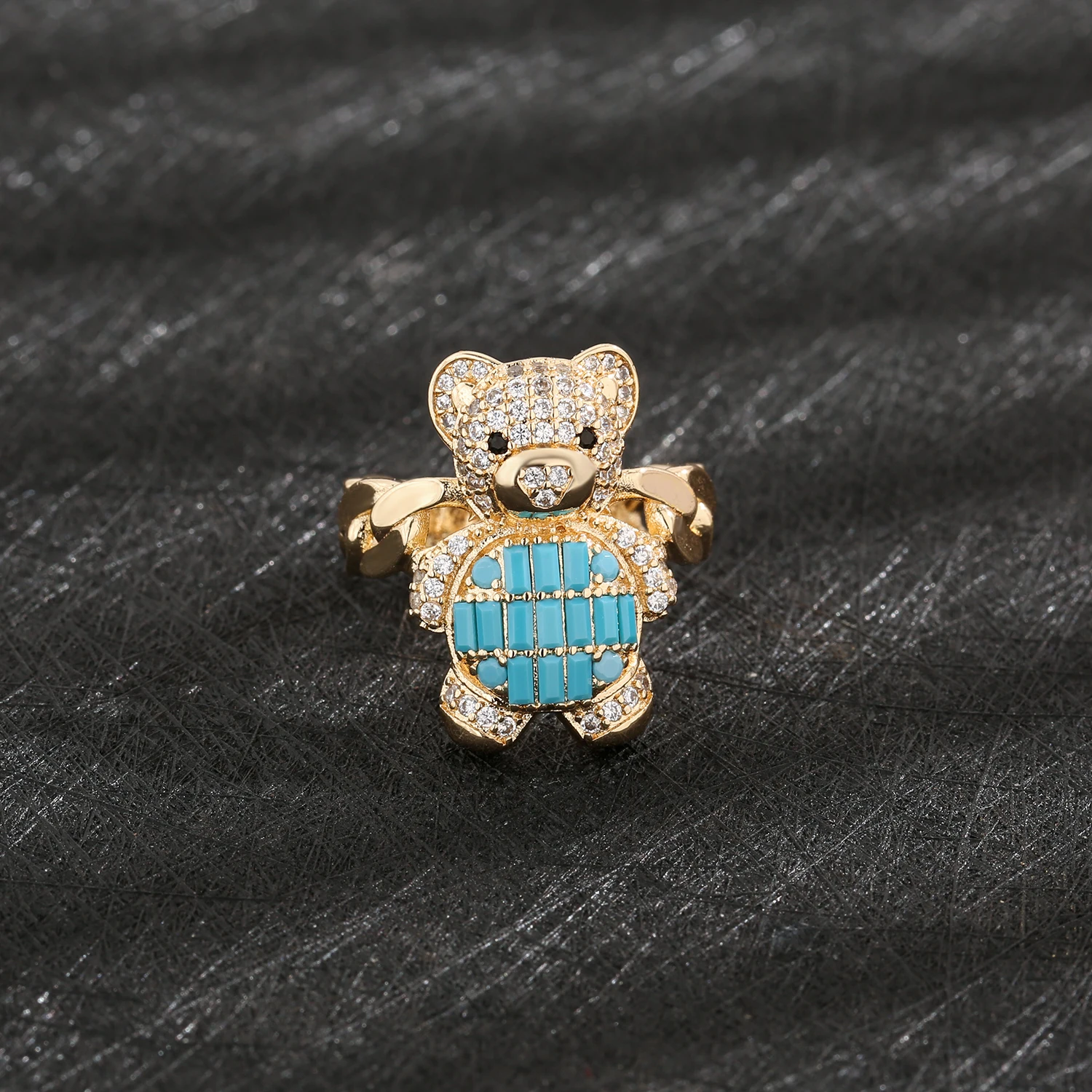 Оптовая продажа хип-хоп 14k позолоченное турецкое синее кольцо с плюшевым мишкой циркониевое медное