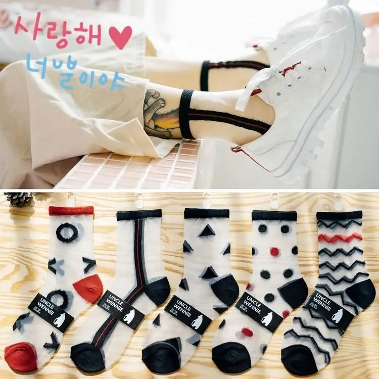 Spring Summer Sexy Colored Dots Wave Stripe Letter Sheer Ladies Transparent Socks