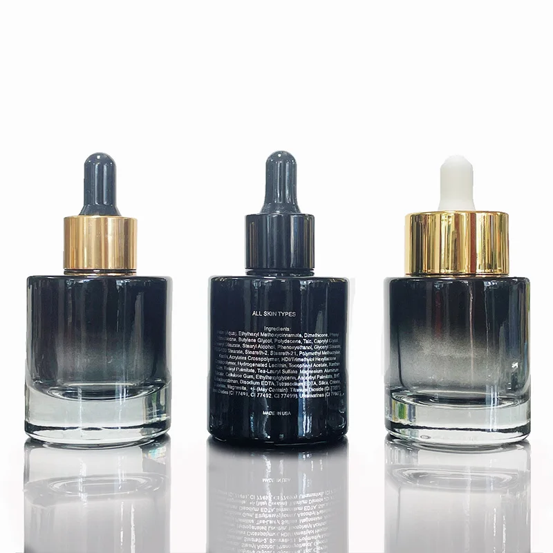 Thick bottom 30ml 1oz black serum hair oil bottle flat shoulder cosmetic lotion essential oil glass dropper bottle with pipette