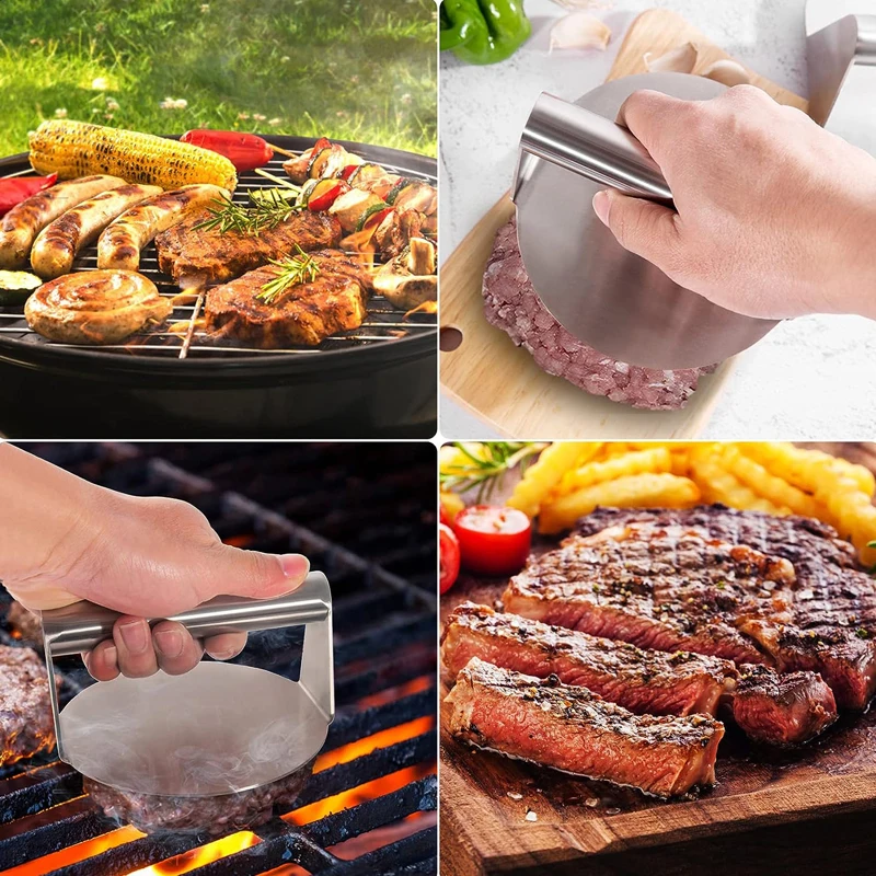 5.5 Inch Round Stainless steel Burger Smasher Non-Stick Smooth Hamburger Press Flat Bottom Without Ridges For Grill Tool