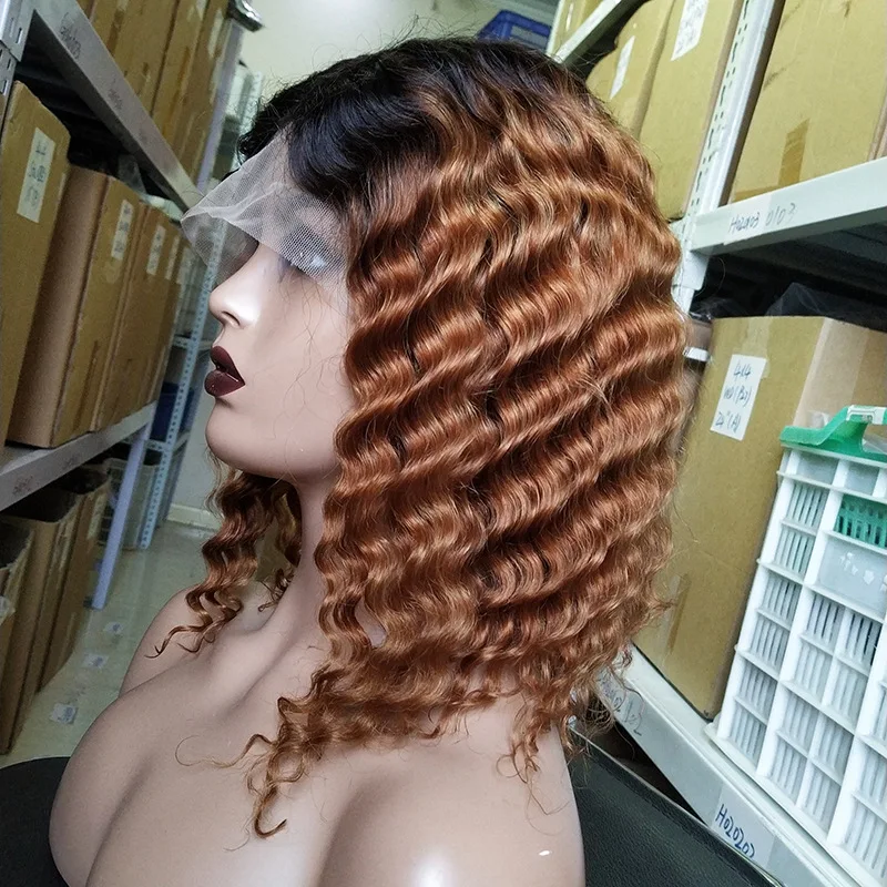 13x4x1 deep wave 1b/30 T part short bob brazilian raw vietnamese human hair vendor transparent hd lace front frontal wig