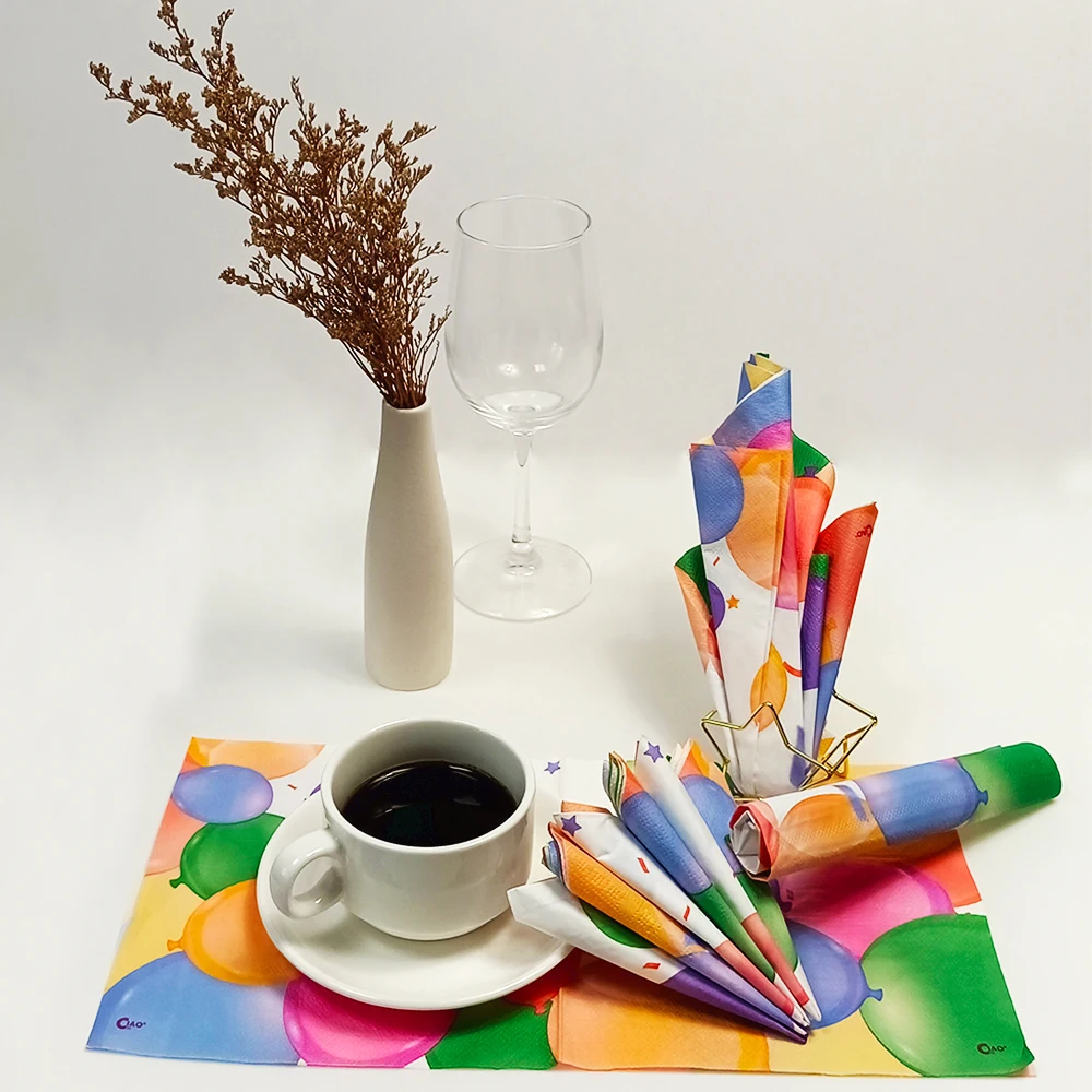 Custom 2-Ply Virgin Wood Pulp Balloon Napkins Printed Dinner Table Foldable Cocktail Serviettes for Restaurant Use