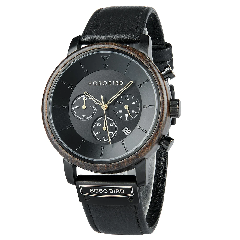 Custom luxury low moq Dropshipping Stainless Steel Case Leather strap Chronograph wood watch