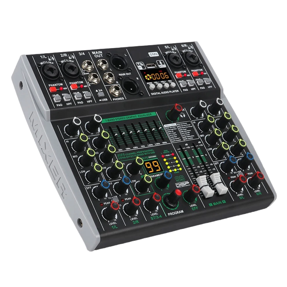 GPUB OEM 6 Channel 99 DSP Effects Professional Audio Mixer Mixing Console with BT USB Recording