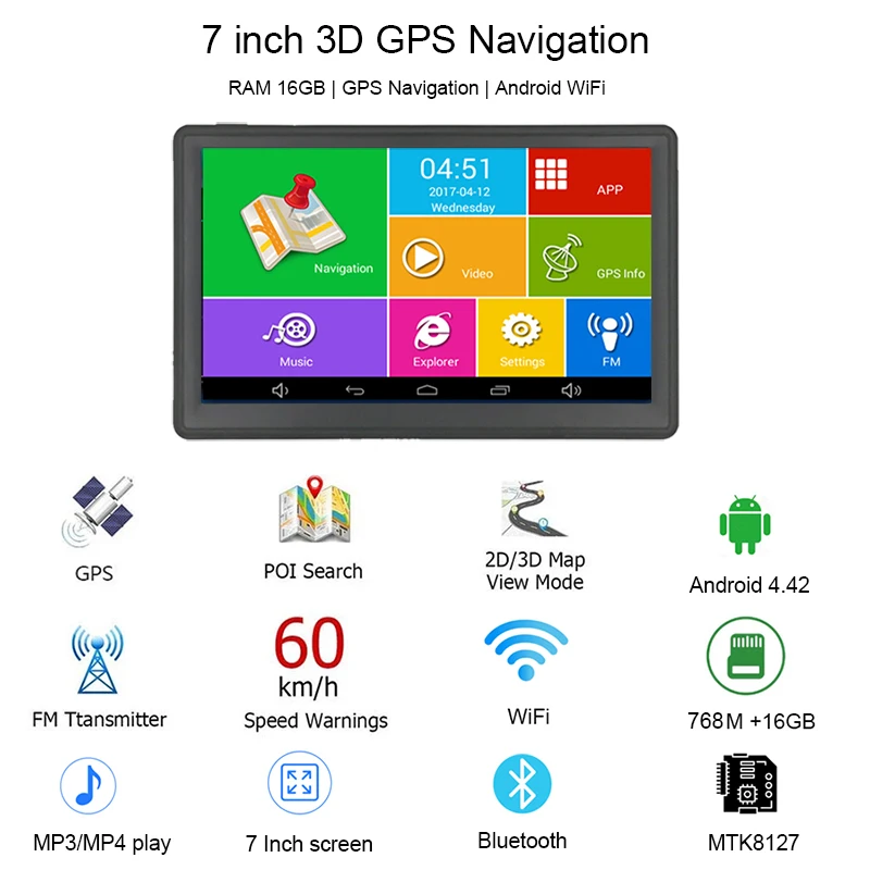 7inch Android GPS navigator Wifi Hd 800*480p high brightness touch screen truck vehicle GPS Free Europe USA Maps Gps navigator