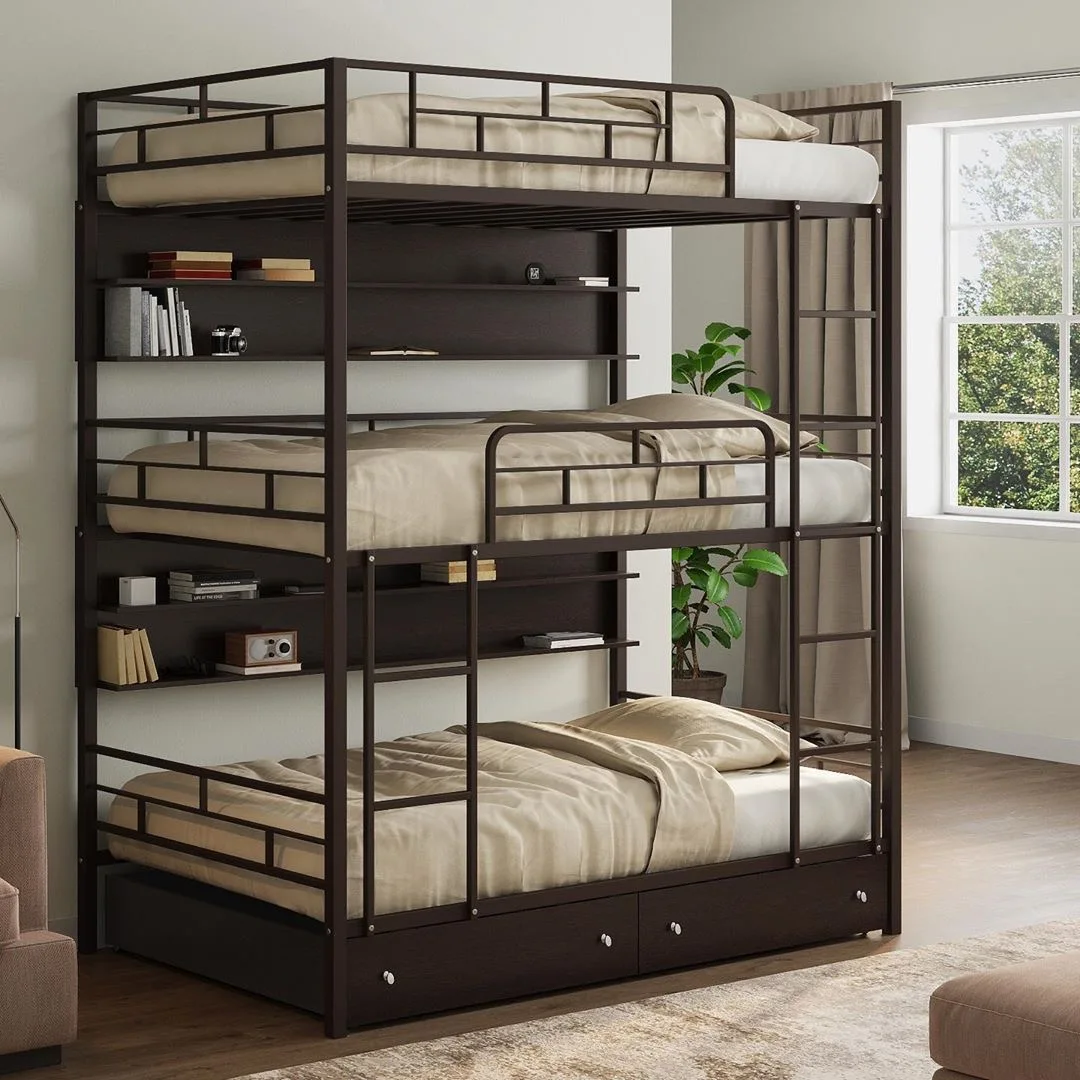 JZD Triple Decker Bunk Bed Tube Steel Tube Design 3-layer Adult Cabin Beds for Sale Latest Designs Hotel Metal Pine Wood Iron