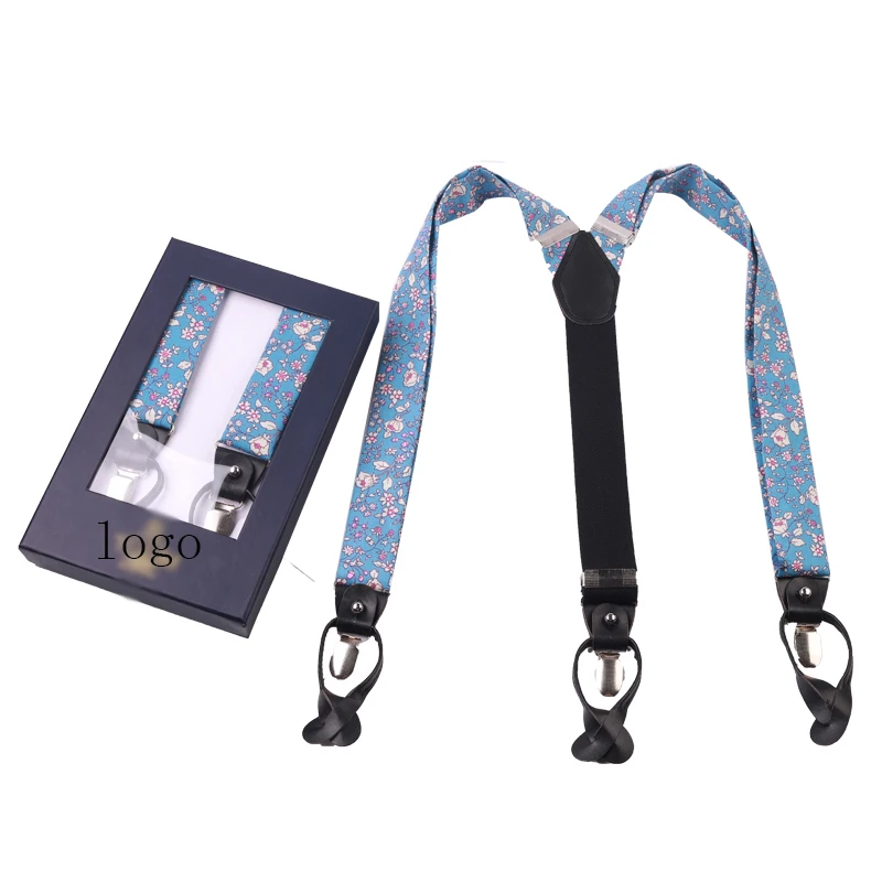 wholesale custom blue white pink floral print cotton men`s suspenders with pu earring