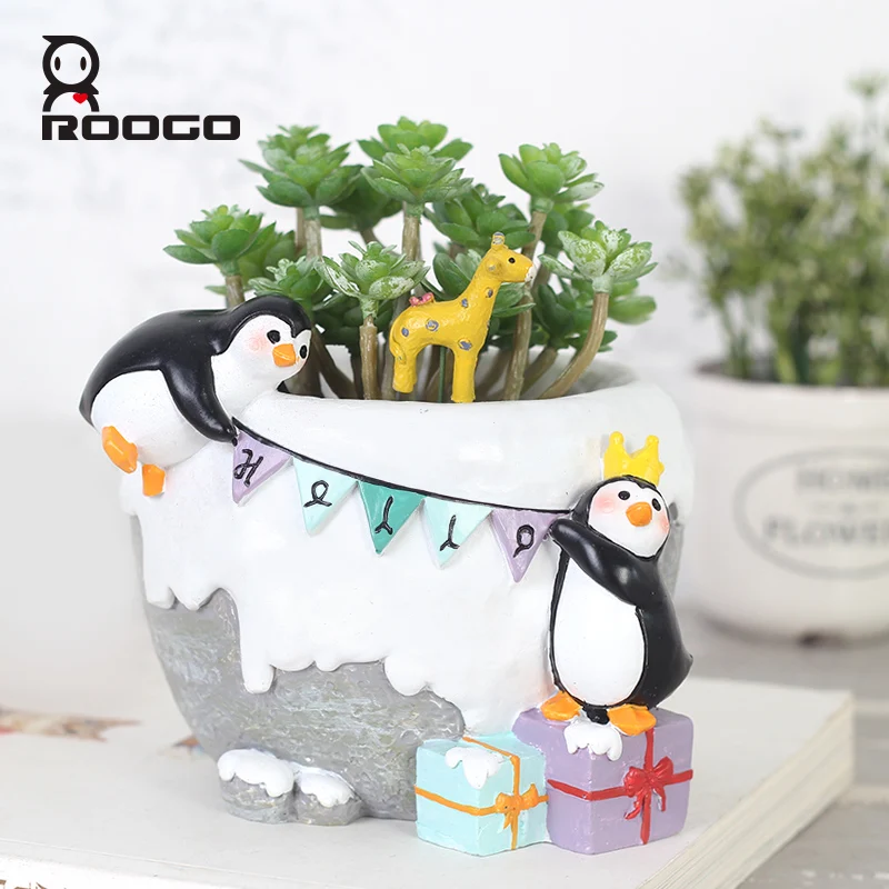 Roogo cute ice penguin flower pots succulent planter garden plant pots decoration