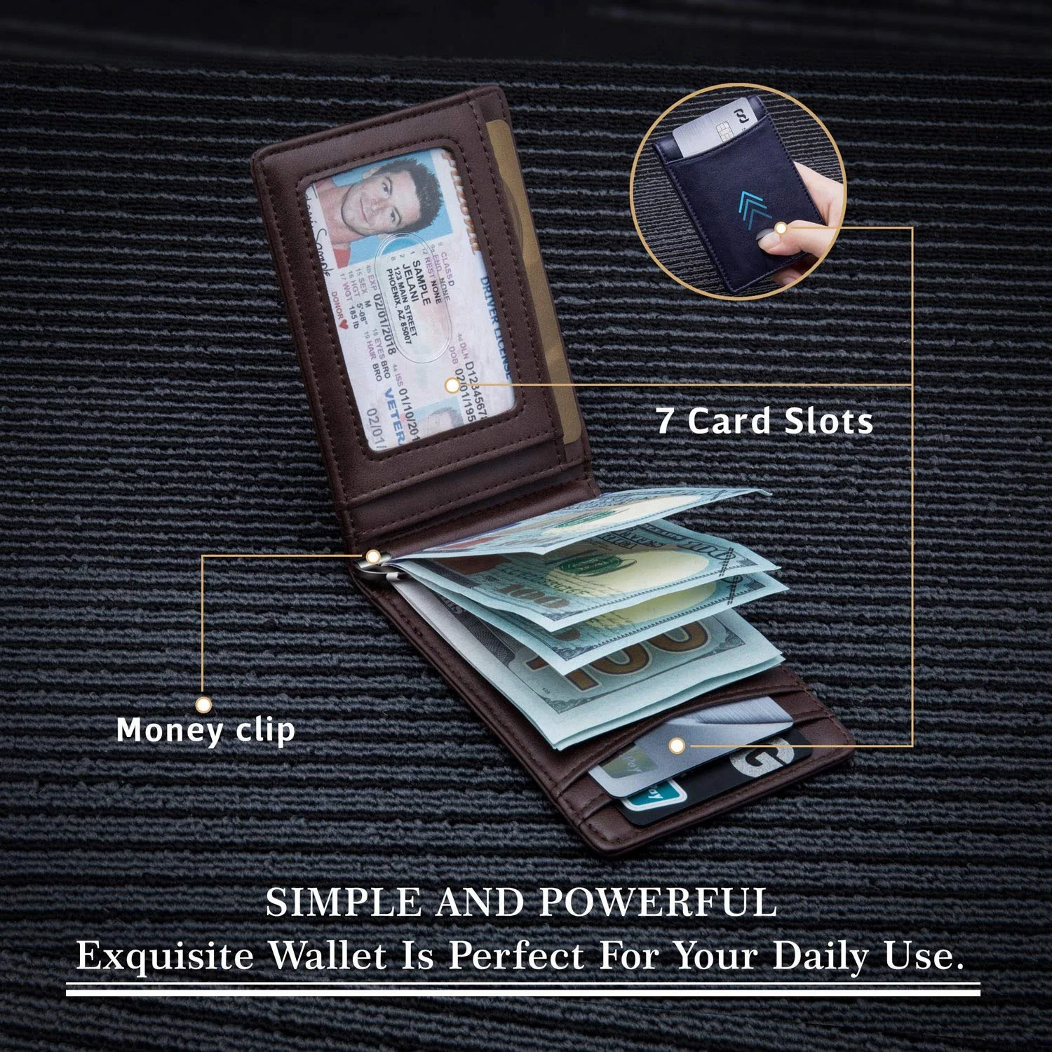Custom Stylish PU Leather Sublimation Minimalist RFID Blocking Credit Card Wallet Money Clip Wallet for Men