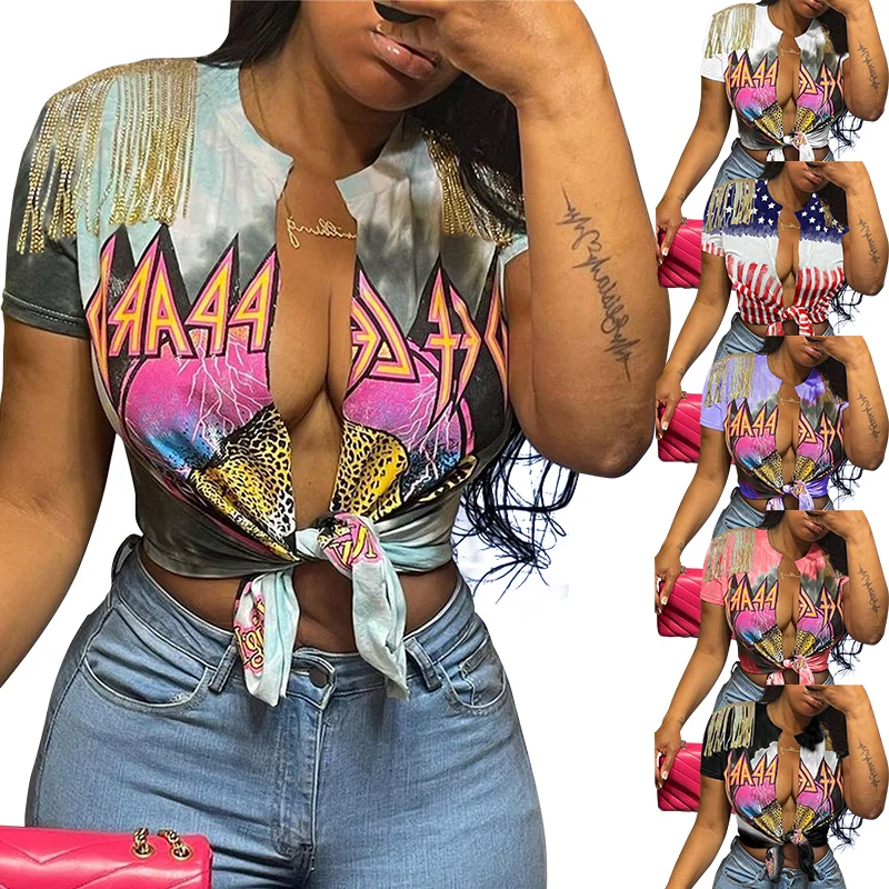 High Quality T Shirt Women Tassel Tops Graffiti Tee Shirts Tassel Sublimation Graphic T Shirts Oversized Crop Tops For Women