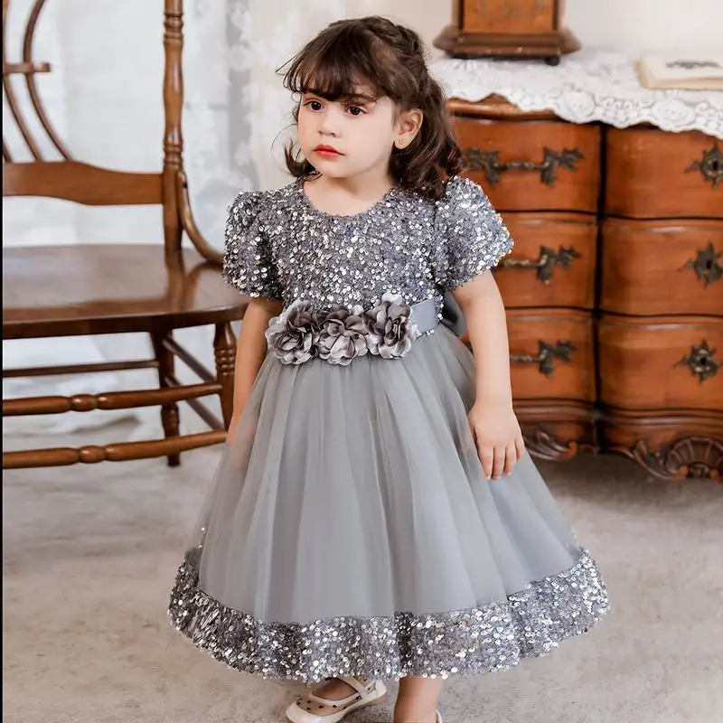 Western style layered fluffy princess dress Sequin gown for girls wedding party dress girls for 0-5 years old
