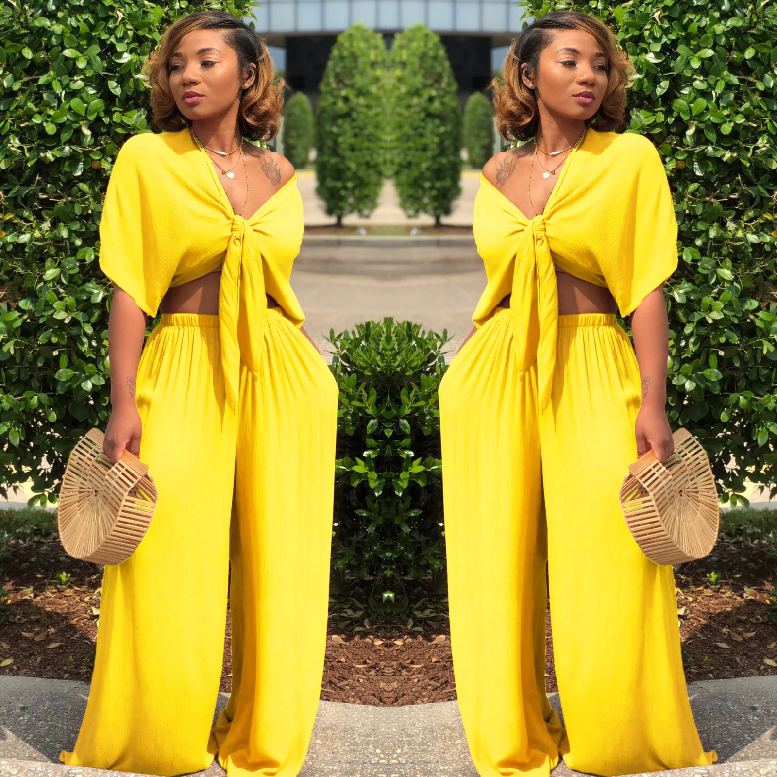 A7003 2022 new summer clothing casual off shoulder tie blouse sexy bandage custom logo wide leg pants set women two piece suit