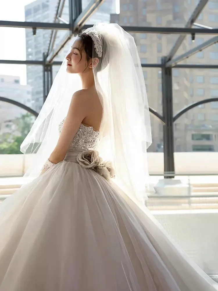 Luxury Tulle Wedding Dress New Applique Bridal Tube Top Temperament Trailing Dress Summer French Style Ball Gown