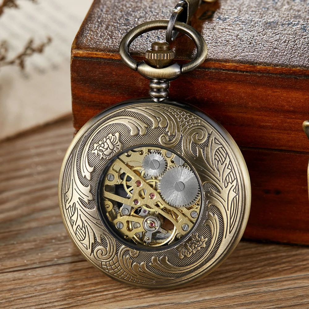 Hand-WInd Mechanical Pocket Watch Vintage Hollow Blue Moon Star Steampunk Skeleton Watch Roman Numerals Clock With Fob Chain