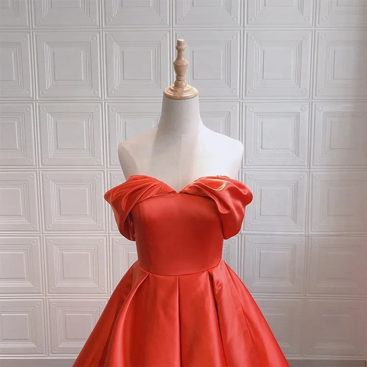 satin wedding dress bride gown prom dress orange color off shoulder long tailing zipper