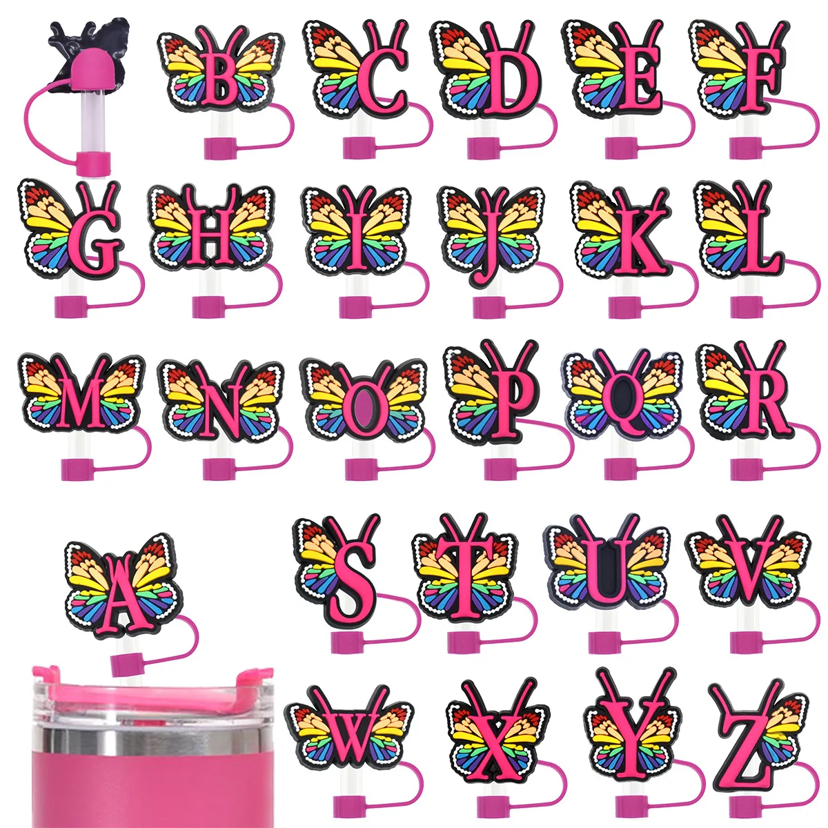 10mm Letter butterfly Dustproof Straw Cap Diy Creative Cartoon Straw Decoration Buckle Pvc Soft Glue Straw Plug