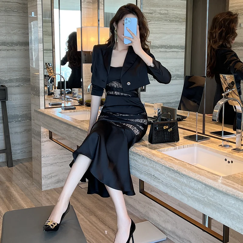 ZYHT 10206 Trending Products 2022 Ladies Two Piece Set Black Women Clothing Spaghetti Strap Long Dress