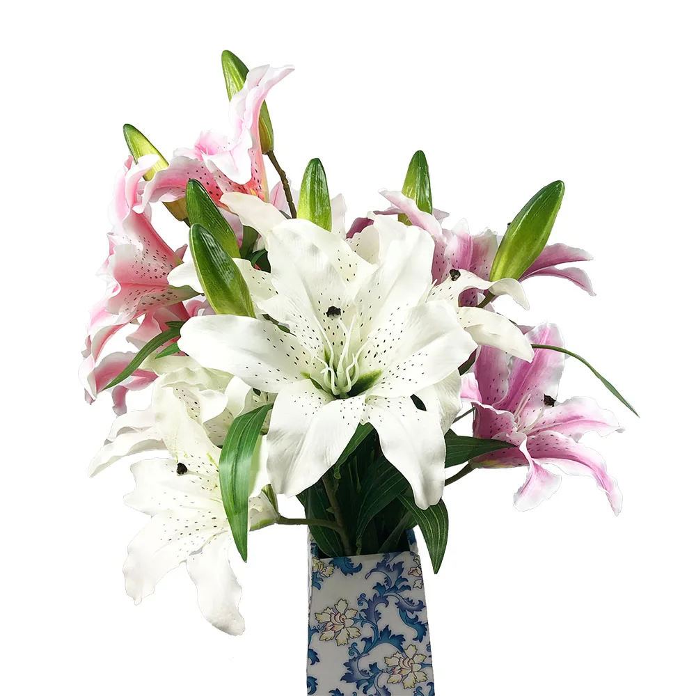 Wholesale Silk Faux Floral Lilium Artificial Lily 2 Big Heads Lily Flower For Home Wedding Decoration