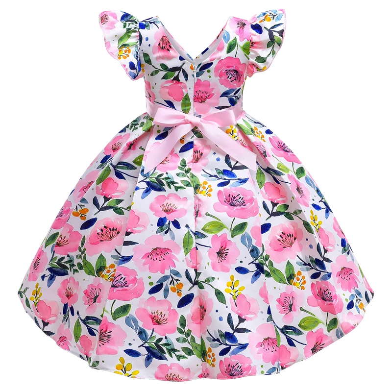 Latest Summer Children Floral Printed Formal Ball Gown Fly Sleeve Girl Princess Bow Clothes for Kids Girls Dresses