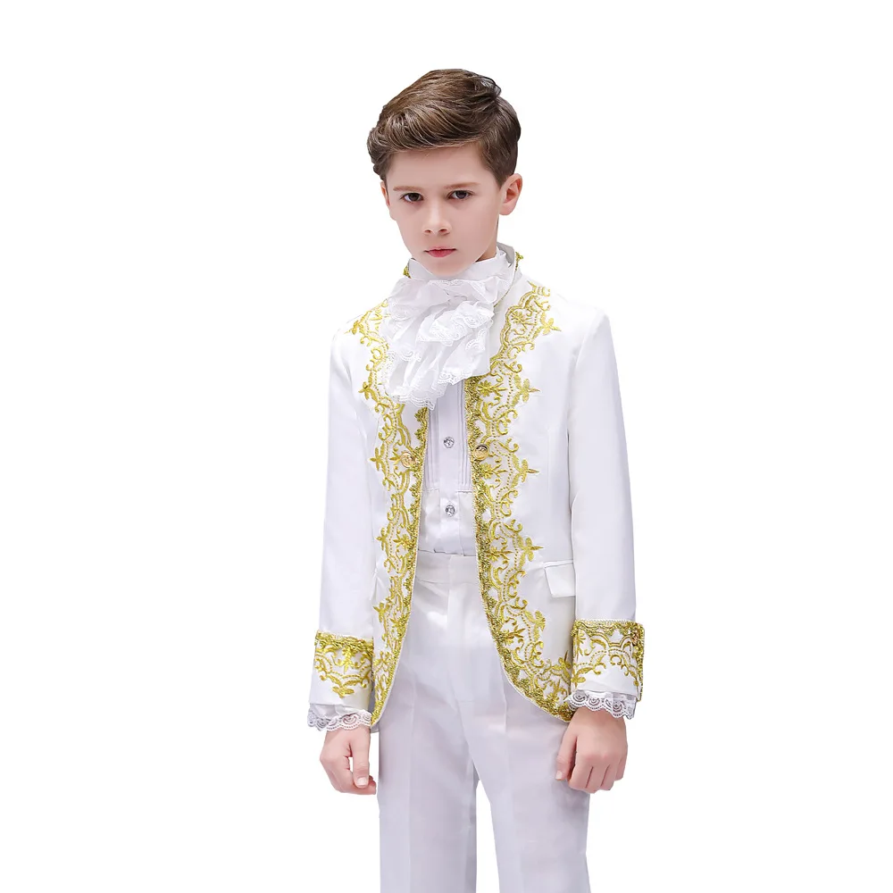 Black Red and White Fashion Retro Court Children Boys Suits Three Piece Embroidery Performance Prince Charming Cosplay Kids Suit