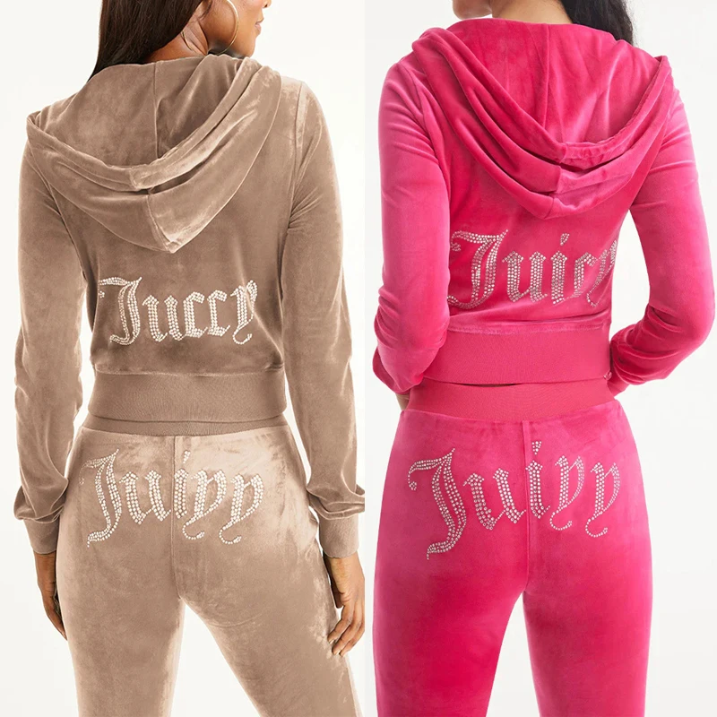Women Fall Velvet Tracksuit Hood Crop Lounges Sets Rhinestone Heavyweight Velour Sweatsuit Tracksuits Two Piece Sets