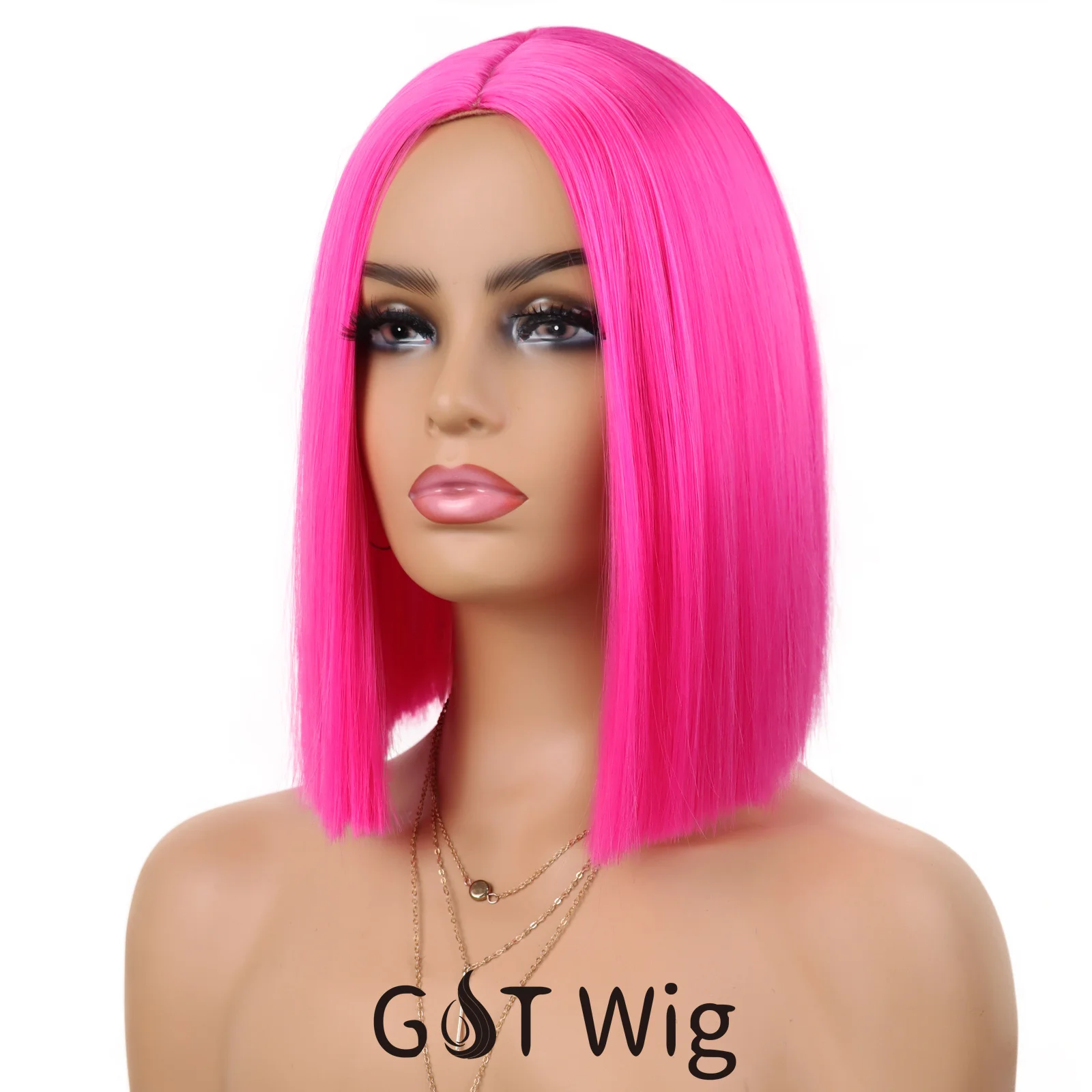 G&T Wig Hot Pink Bob Wig Short Straight Wigs for Women Middle Heat Resistant Synthetic Hair Silky Natural as Real Hair