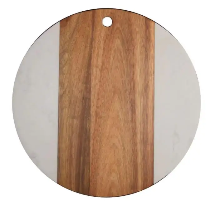 12inch Marble Cheese Board with Acacia Wood Accent - Charcuterie Board for Two - Round Marble and Wood Cheese Board - Marble Cut
