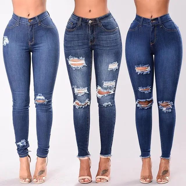 
Wholesale Ready To Ship factory in stock accept small order Skinny stretch Comfortable Holes Ripped women jeans denim pants 